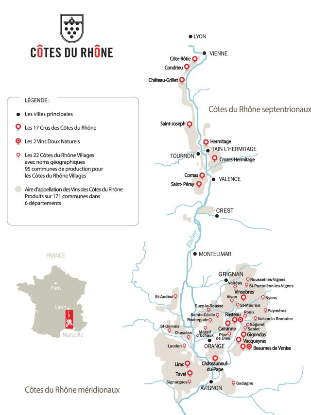 Carte des Aires d'AOC Cotes du Rhone