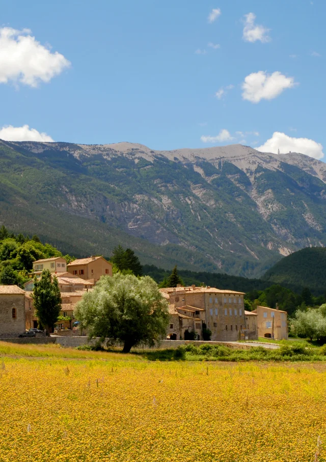 Village de Savoillans avec en arrière plan le Mont-Ventoux