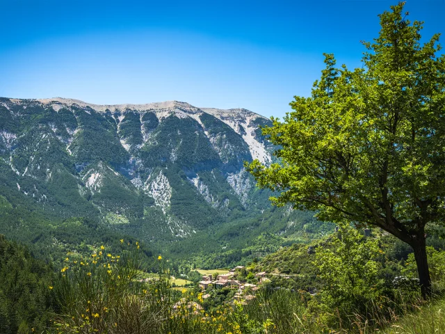 View of the mountain village of Brantes overlooked by Mont Ventoux