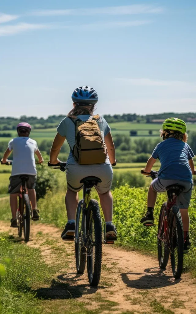 Famille à vélo dans un champ de vignes