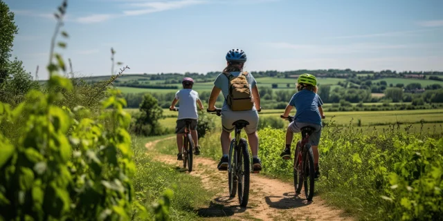 Famille à vélo dans un champ de vignes