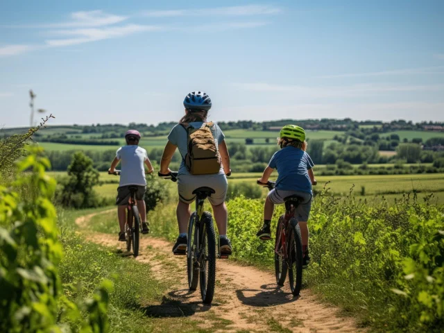 Famille à vélo dans un champ de vignes