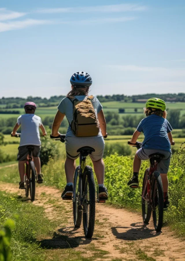 Famille à vélo dans un champ de vignes